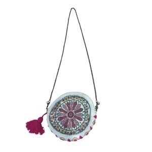 Embroidered Round Crossbody Bag in White with Pink Tassel